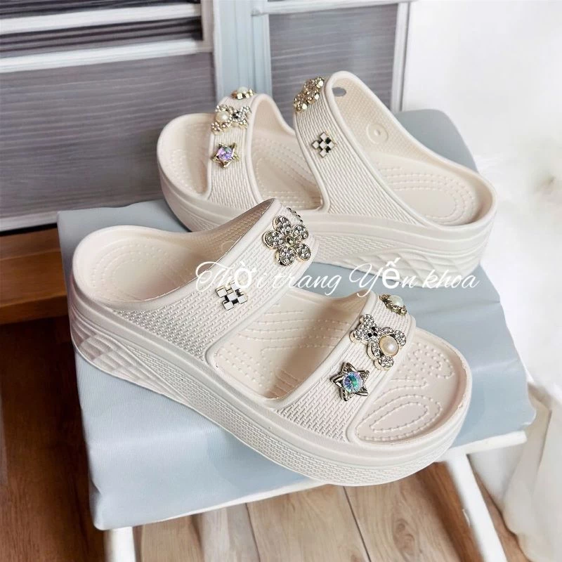 Dép Bánh Mì Nữ 2 Quai Ngang Cham Đá Ngẫu Nhiên, Đế Cao 5 cm Thời Trang Chất Liệu Mềm ,Nhẹ Êm