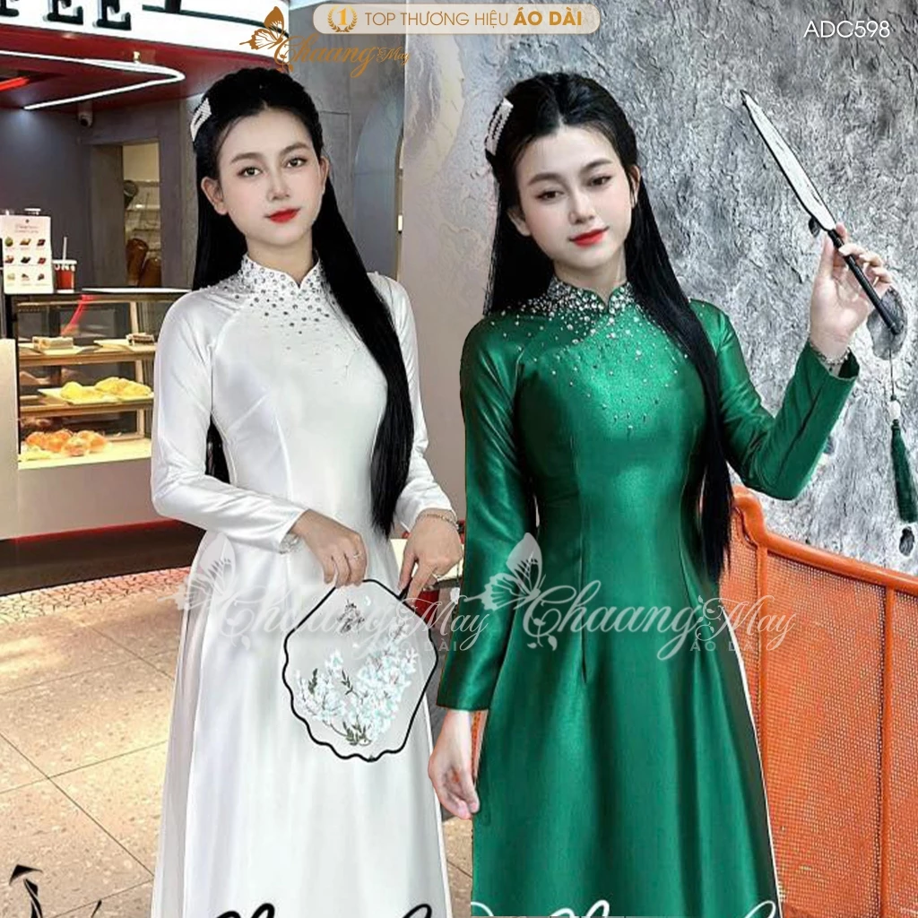 Áo dài truyền thống lụa bóng Ruby Bảo Ngọc may sẵn ADC598 áo dài xanh đỏ cổ tủa pha lê dự tiệc cưới lễ Tết đẹp