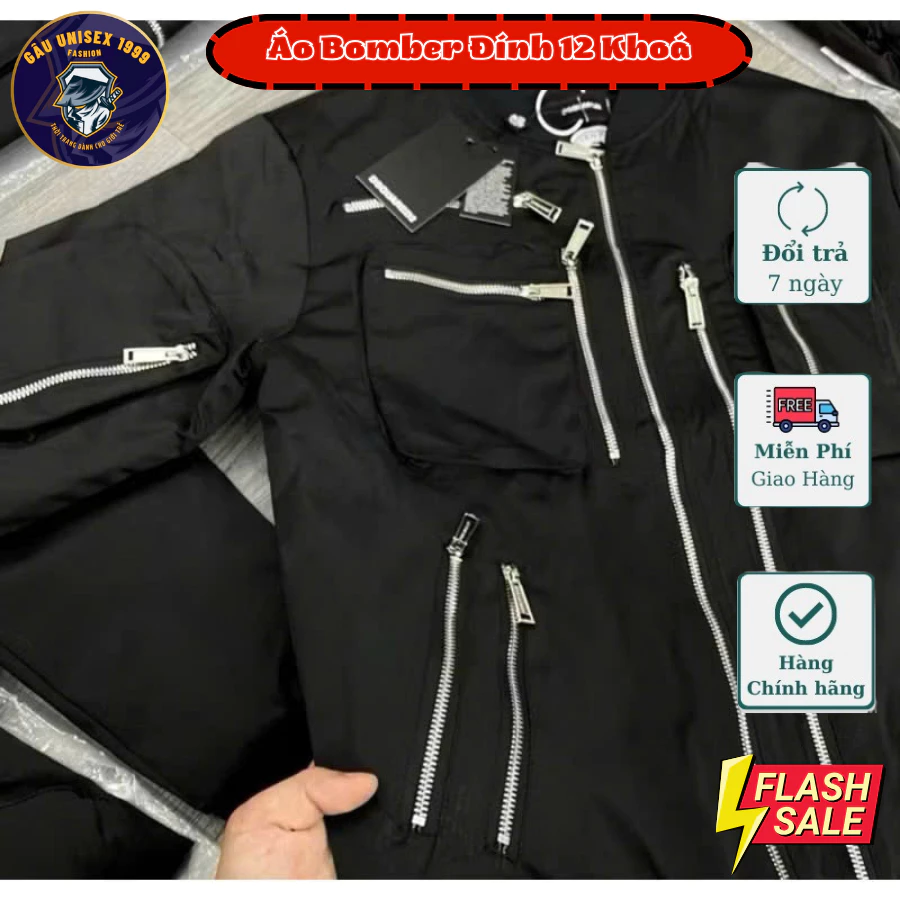 Áo Bomber Đen Đính 11 Khoá Dây Trần Bông Cao Cấp, Chất liệu mềm mỊn, Ấm Áp GA763 -Hàng QC Duy Bi