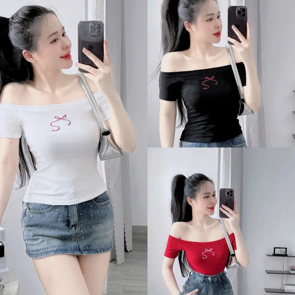 ÁO THUN NỮ TRỄ VAI, TAY NGẮN THÊU NƠ THỜI TRANG, CHẤT CO GIÃN MẶC THOẢI MÁI 252
