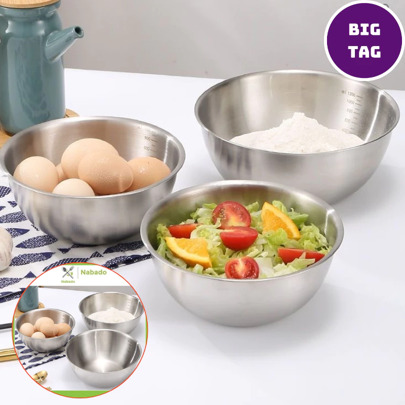 bộ thau inox đựng đồ sạch sẽ, rổ inox 304 có chia vạch tiện lợi, trộn thực phẩm, đánh trứng 9363