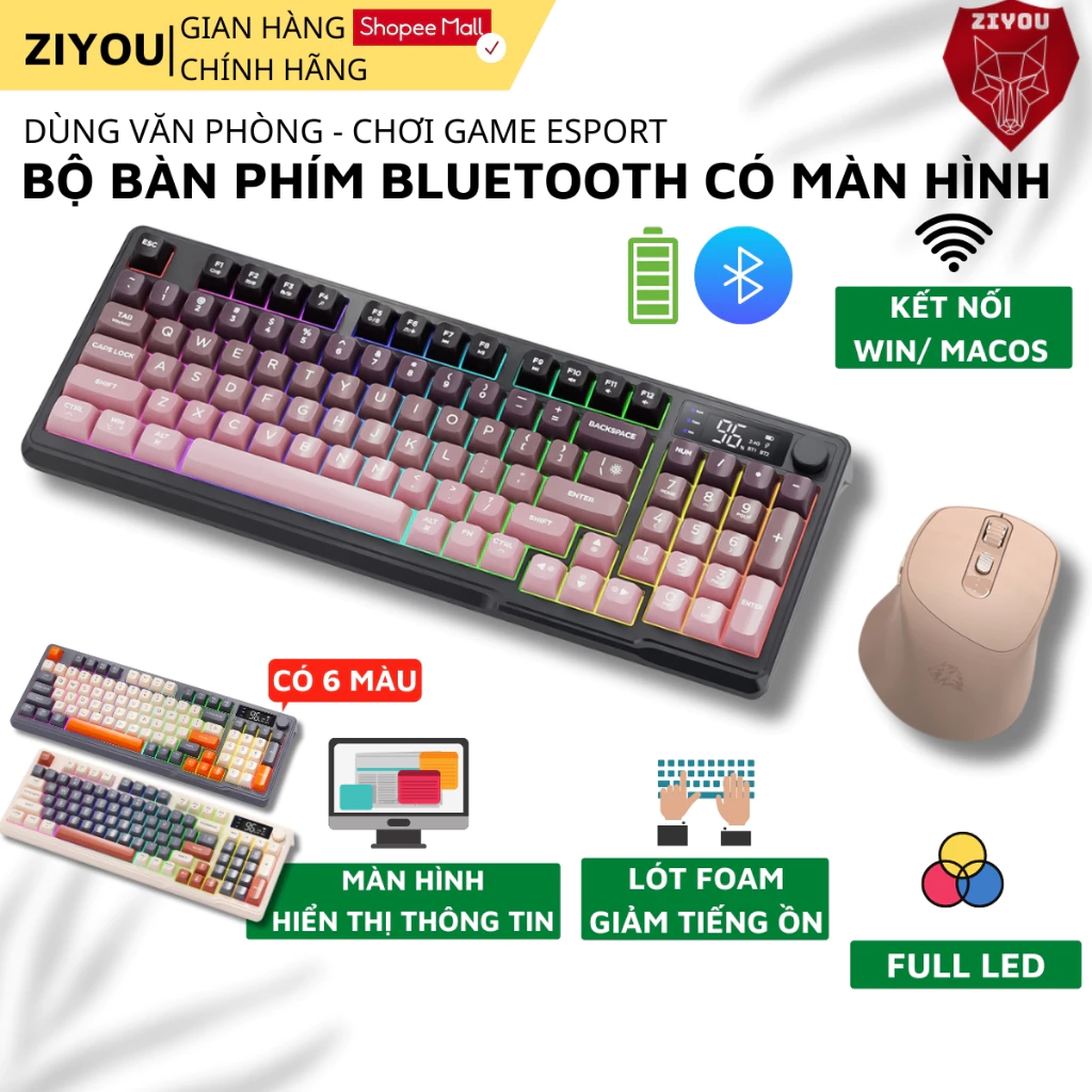 Bộ Bàn Phím Và Chuột Bluetooth Không Dây Ziyou M96 Gaming LED Màn Hình Núm Xoay Kết Nối Đa Năng