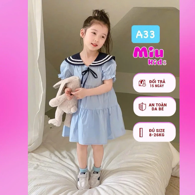 Váy bé gái form babydoll cổ bèo nơ màu xanh dương size 8-26kg