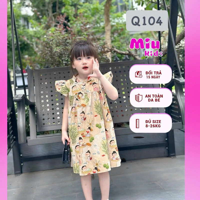 (8-26kg) Đầm bé gái, váy hoa bé gái tay cánh tiên đáng yêu chất liệu Thô mềm mát cho bé Q104