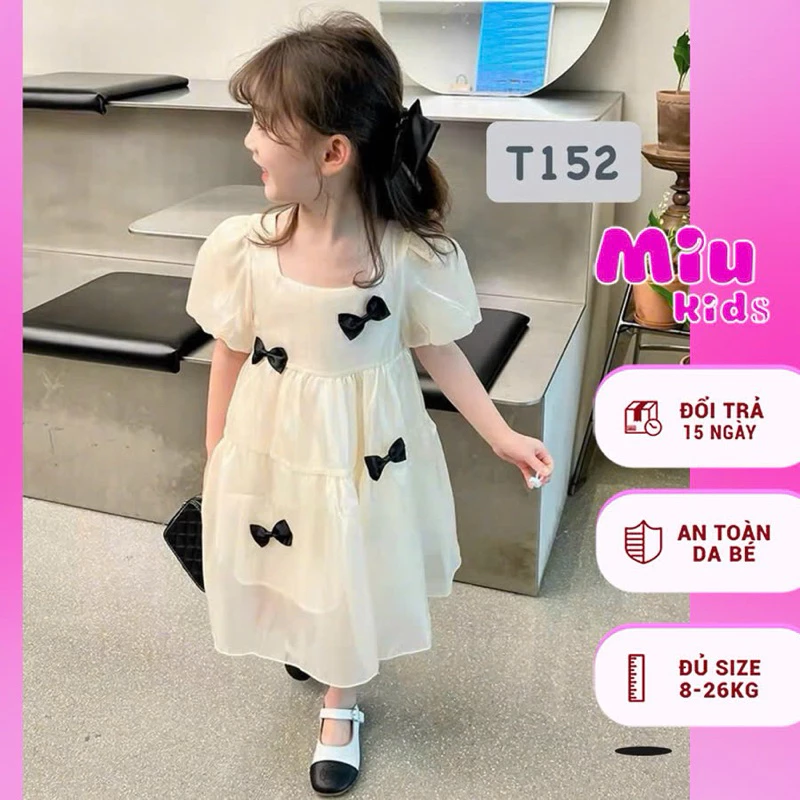 8-26kg Đầm Bé Gái Vải Voan Tơ Đính Nơ Kéo Khóa Sau T152
