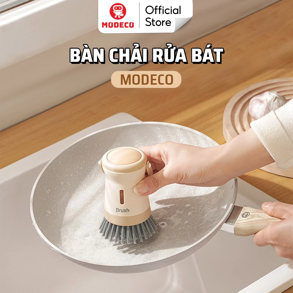 Chổi Cọ chảo, Cọ Xoong Nồi Rửa Chén Bát Modeco Tích Hợp Ngăn Nhấn Nhả Xà Phòng Thông Minh, Chất Liệu An Toàn Dễ Sử Dụng
