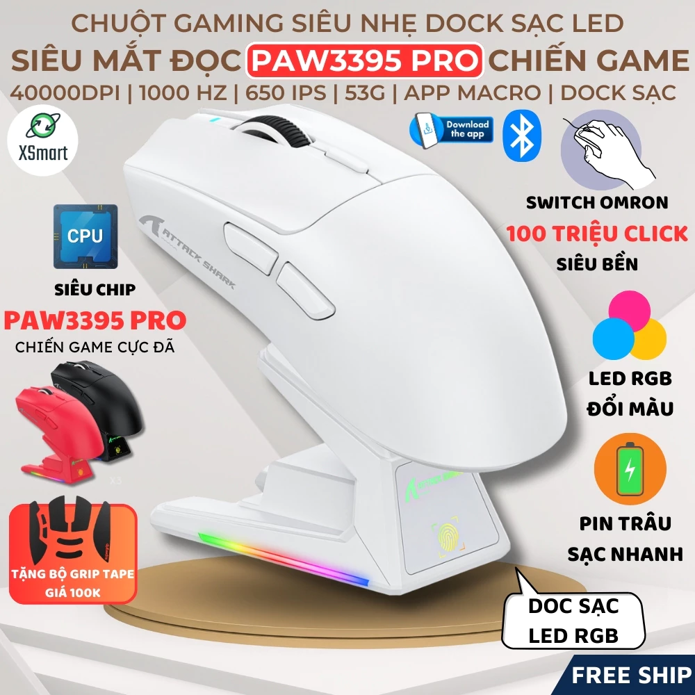 Chuột Không Dây Gaming Attack Shark X1 PAW3395 Pro, 40.000 DPI Dock Sạc LED RGB, Chuyên Game FPS