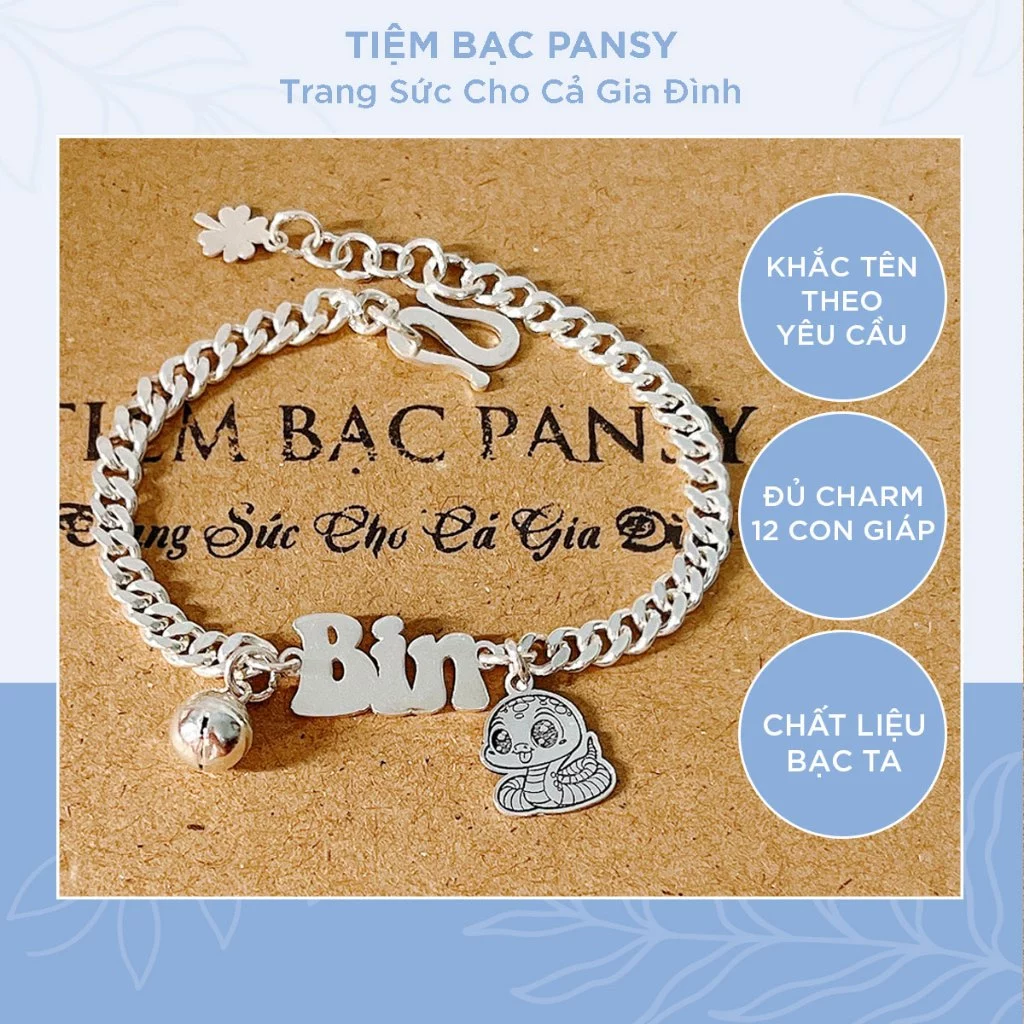 Lắc bạc cho bé trai, bé gái sơ sinh đến 5 tuổi khắc tên kèm hình con giáp, đeo tay hoặc chân - Lắc đơn khắc chữ