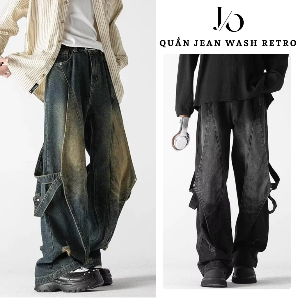 Quần Jean Đen Mang Mực Phối Dây Nam BIGSIZE Suông Ống Rộng WASH RETRO Quần Jean Unisex Phong Cách HIPHOP