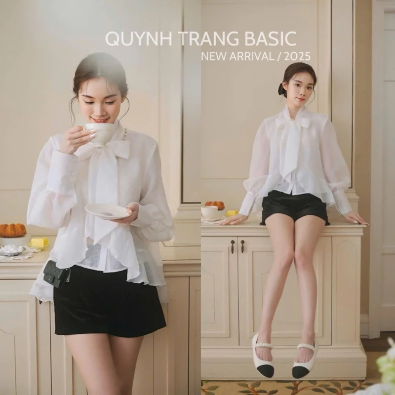 Áo sơ mi Thiết kế kiểu Nữ tay bồng Cổ cách điệu Thanh lịch, tiểu thư - QuynhTrangBasic