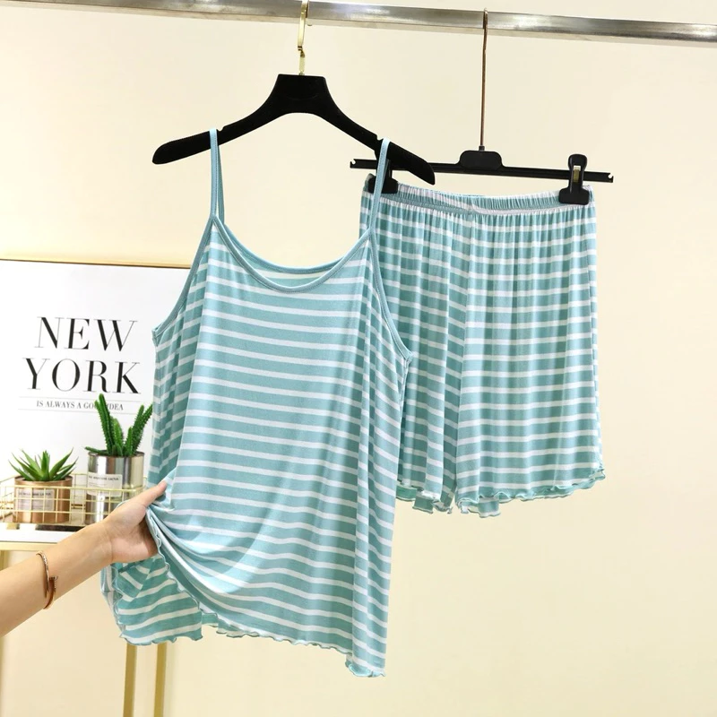Bộ đồ ngủ nữ hai dây thun lạnh kẻ sọc thoáng mát – Đồ mặc nhà mùa hè mềm mịn, dễ thương