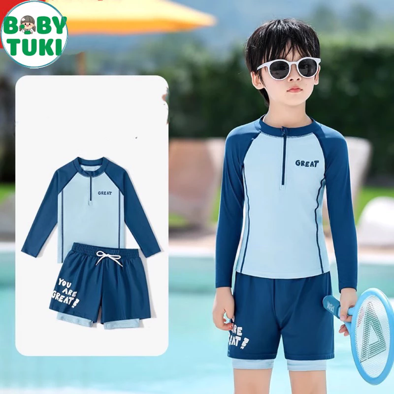 Đồ bơi bé trai Tukibaby áo dài tay quần 2 lớp size 12-50kg,bộ bơi bé trai phối màu hoạ tiết baby shark