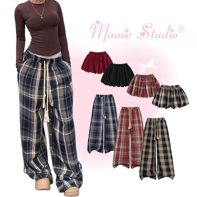 Quần Caro và chân váy bí Mamie chất nỉ dạ, Plaid Pant form rộng ống suông thời trang nam nữ.