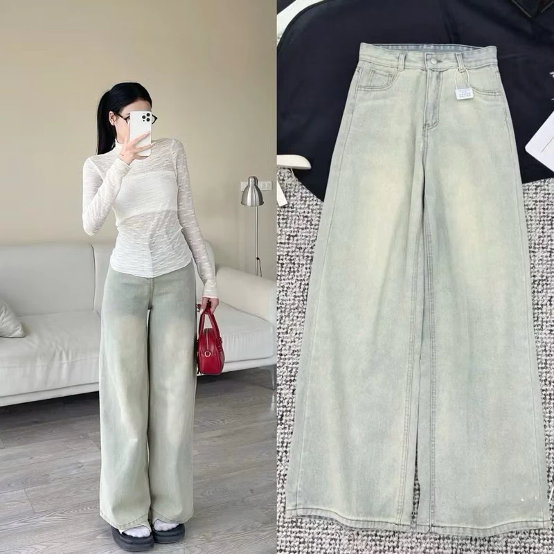 Quần jeans nữ suông lưng cao dáng basic màu xanh ánh bạc phom dáng chuẩn
