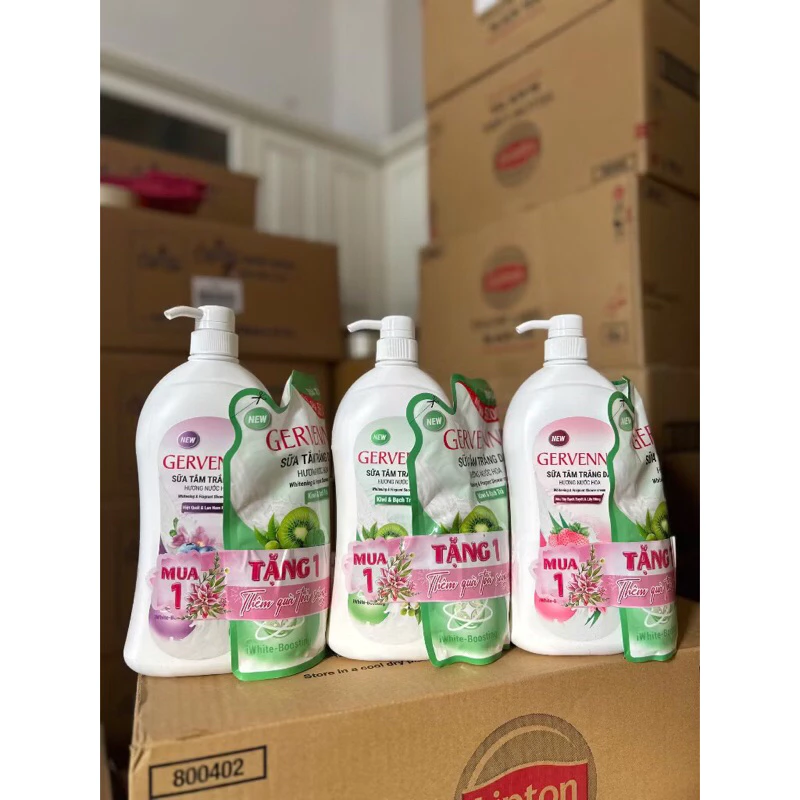 Sữa tắm Gervenne 900g trắng da kiwi/dâu/việt quất (tặng túi 450g)