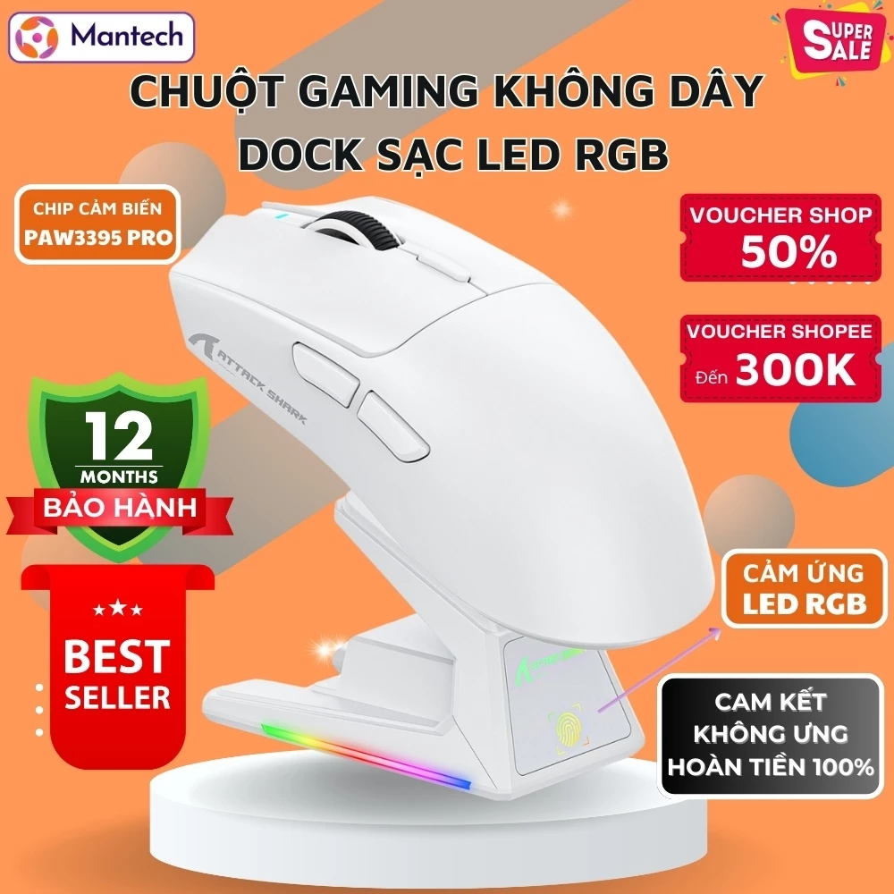 Chuột Không Dây Game Attack Shark X1 Hiệu Năng Đỉnh Cao DPI 40000 Switch Quang Học Kết Nối 3 Chế Độ
