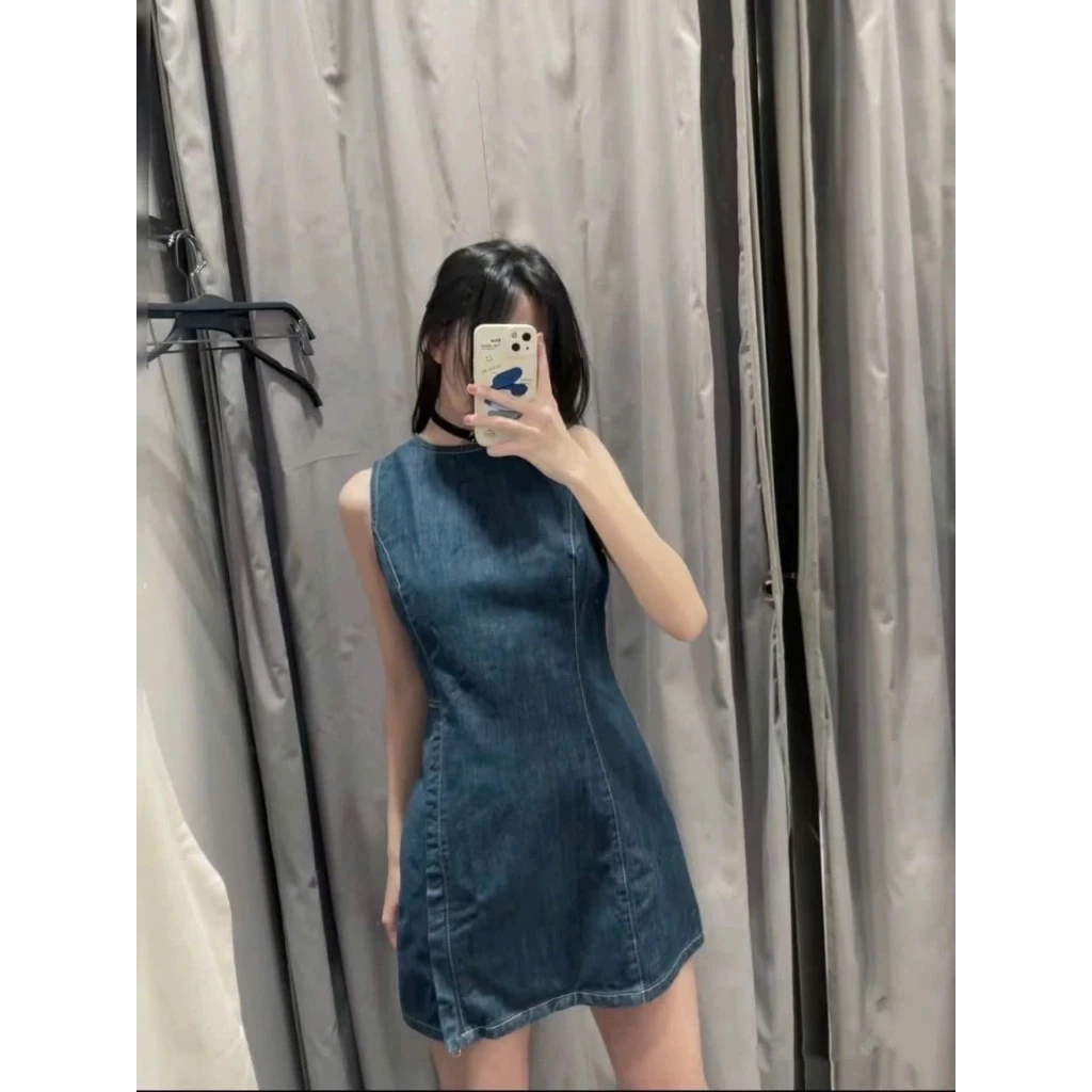 Váy jean nhúm eo tôn dáng, Váy denim sát nách basic đơn giản dễ mặc tôn dáng (HC11)