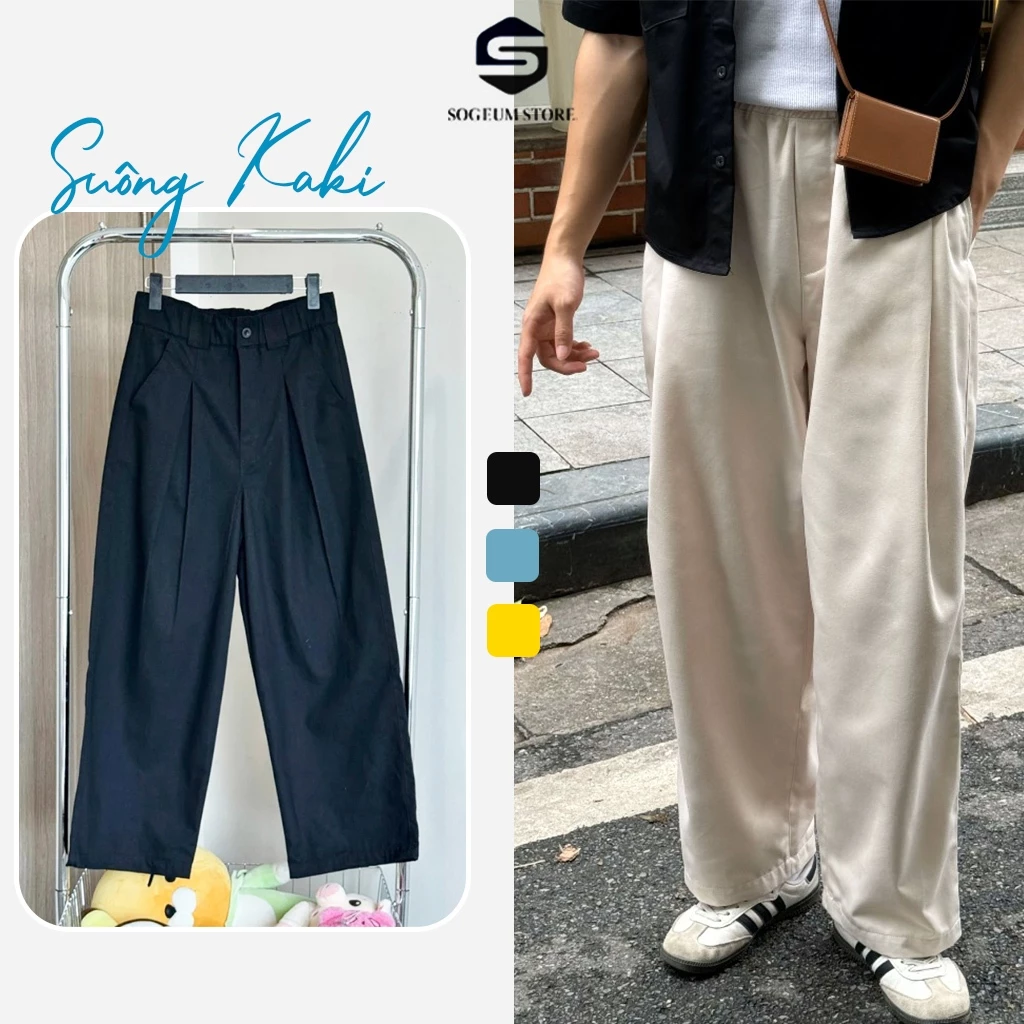 Quần ống Suông rộng kaki nam nữ cạp cao Xếp Ly cạp chun co giãn màu đen kem Sogeum