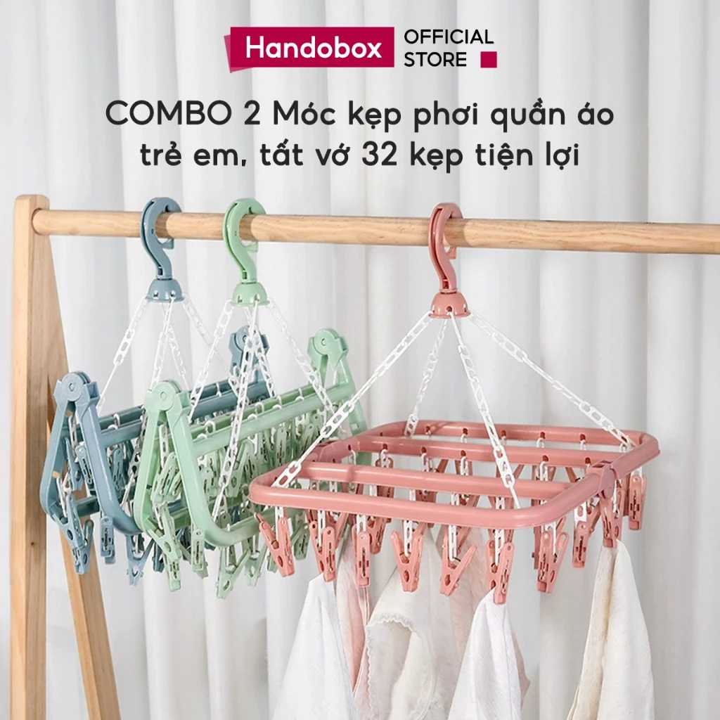 COMBO 2 Móc Treo Quần Áo Trẻ Em 32 Kẹp Handobox Móc Chùm Kẹp Đa Năng Treo Tất Vớ Đồ Em Bé Tiện Lợi