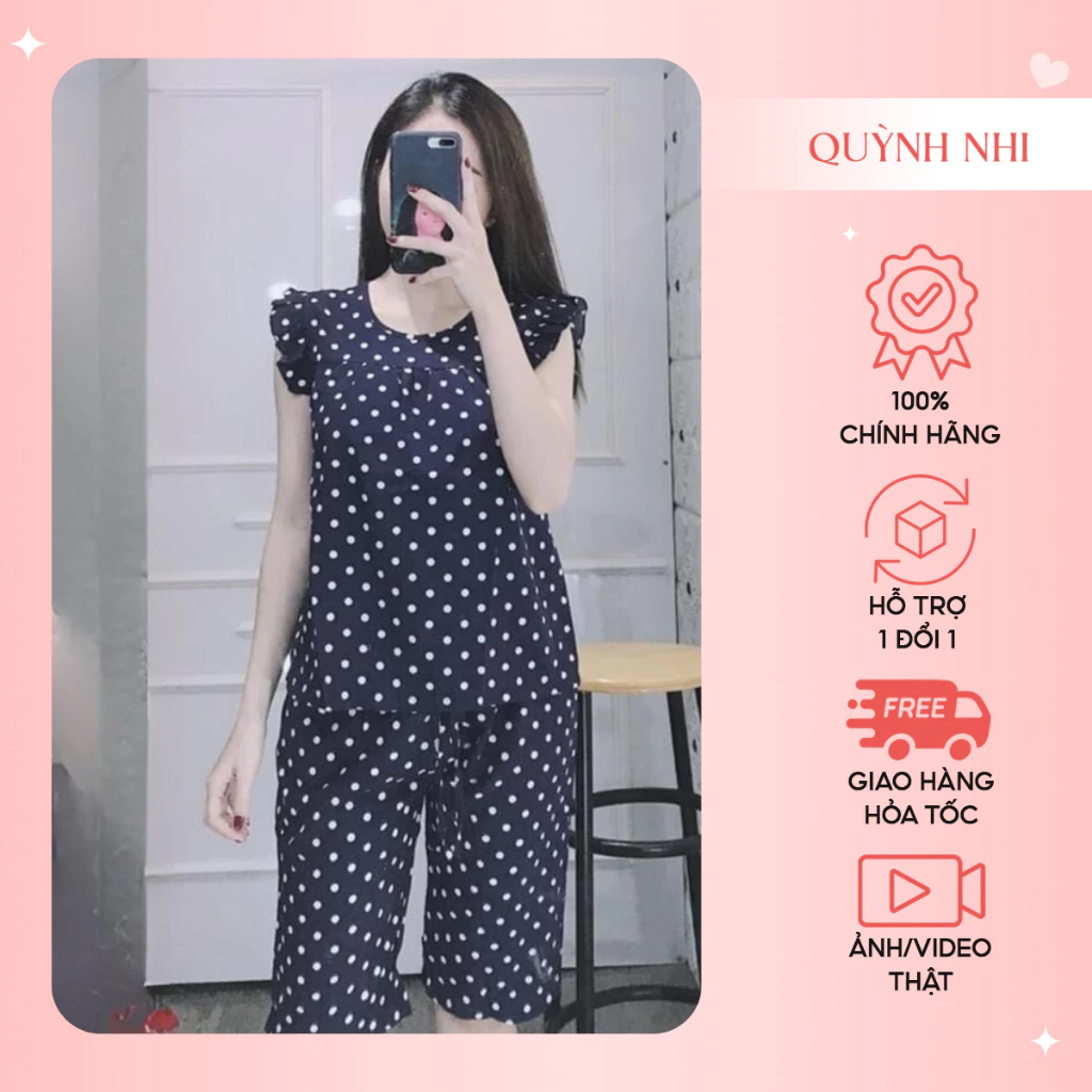 Đồ bộ lanh (tole) mặc nhà nữ VNXK, quần lửng áo cánh tiên , họa tiết chấm bi [CÓ SIZE] - TL01
