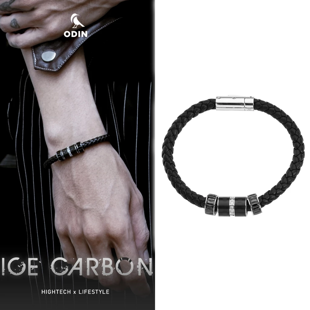 Vòng da ODIN Ice Carbon - mặt phủ sợi Carbon kèm da PU - Đính đá CZ - Khóa thép không gỉ 316L - Tối giản & Sang trọng