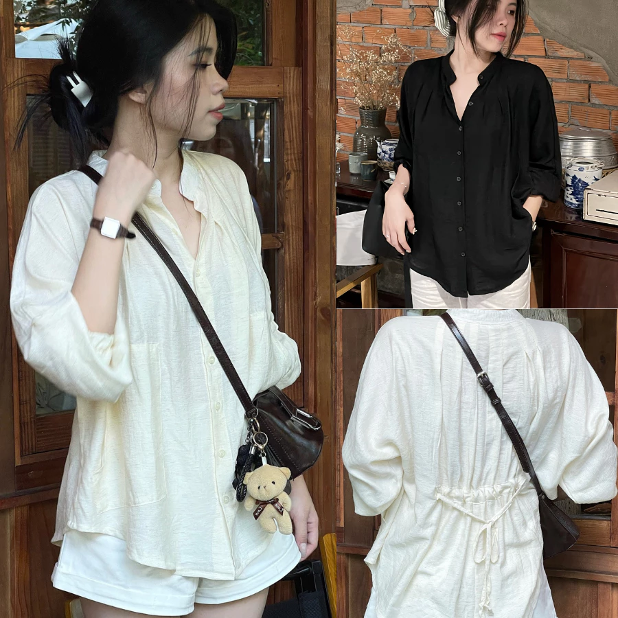 Áo Sơ Mi Linen Nữ Cổ Trụ Dài Tay Thiết Kế Cổ Tàu Thắt Dây Eo Dáng Phong Cách Nhẹ Nhàng Nữ Tính