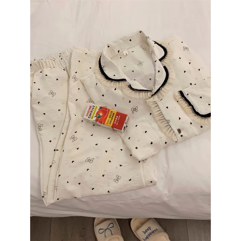 [SẴN] 732_Bộ ngủ nữ, pijama cổ V phối bèo hoạ tiết nơ chất cotton | Hàng QCCC | 9scat