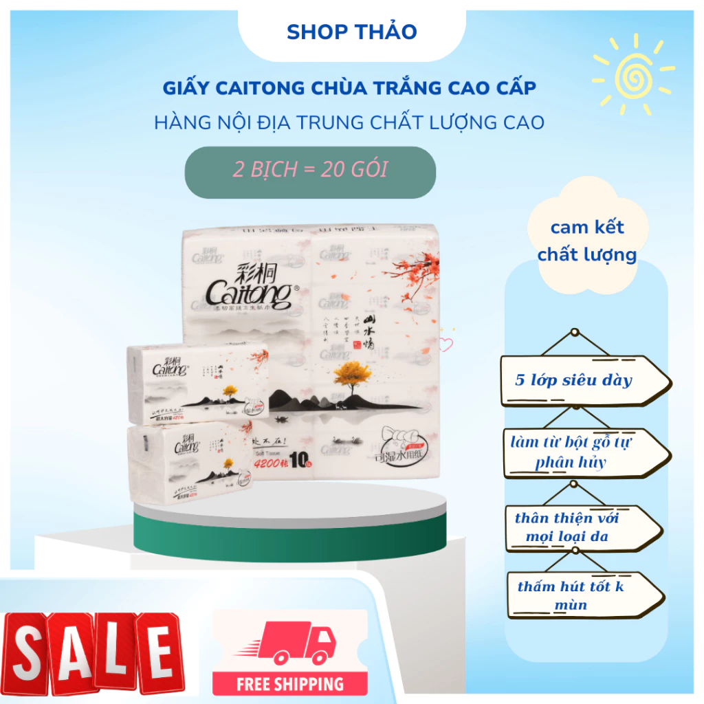 Giấy rút Caitong Trắng cao cấp 1kiện(10bịch=100 gói nhỏ) [Size 156x180 ] date mới