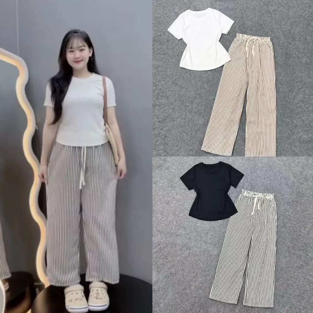 Set Kẻ Sọc Kiểu Bigsize Nữ Áo Thun Trơn Kèm Quần Dài Suông Vải Đũi Mát SET972