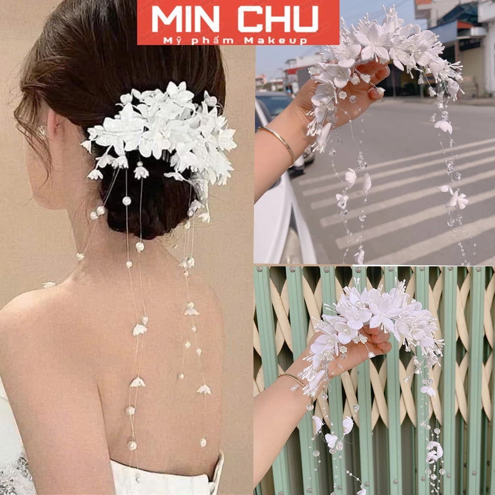 Hoa Cài Tóc Tua Rua Hoa Trắng Cho Dâu