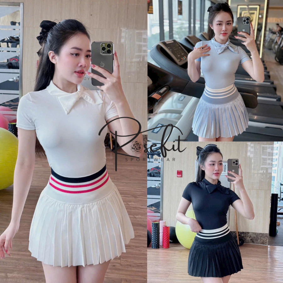 Sét Áo Cộc Tay Nơ Cổ Phối Chân Váy Xếp Ly Cosleaf,Sét Tập Gym,Tennis,Pickleball,Chất Polly Hàng Qccc