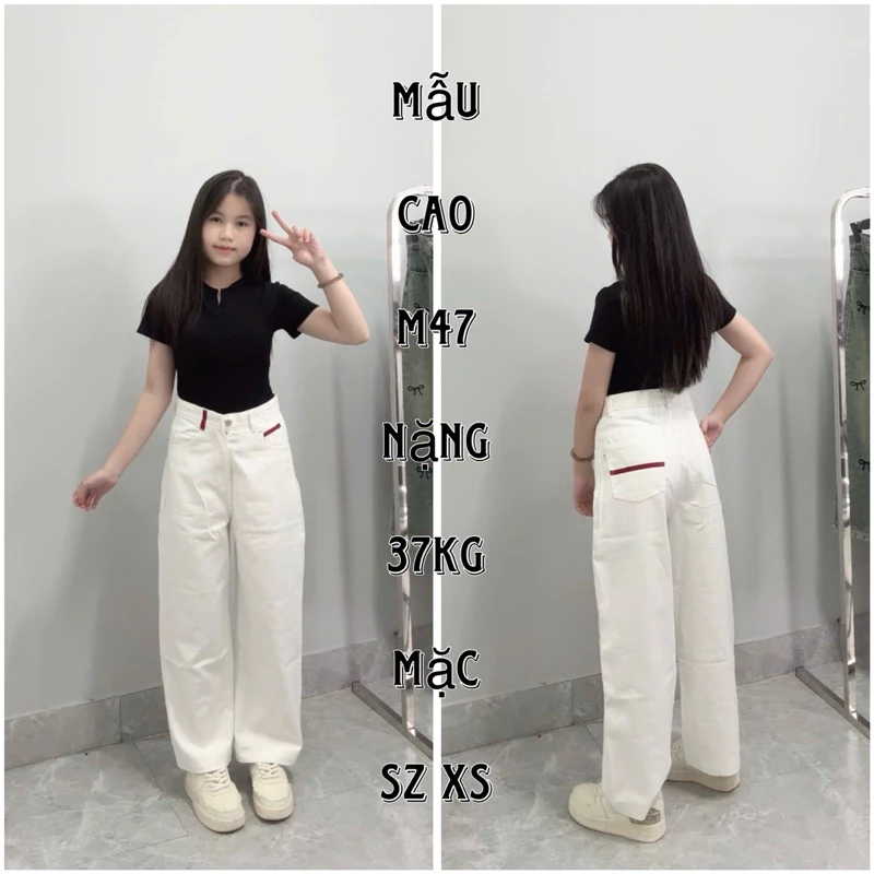 (SUÔNG NẤM LÙN) QUẦN JEANS NỮ TRẮNG PHỐI VẠCH ĐỎ DÀY DẶN 9 tấc - 90cm