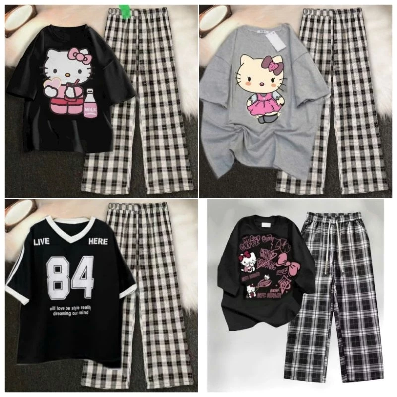 Tổng hợp các Set quần kẻ caro đen ống rộng cạp cao + Mix kèm áo phông tay  lỡ oversize
