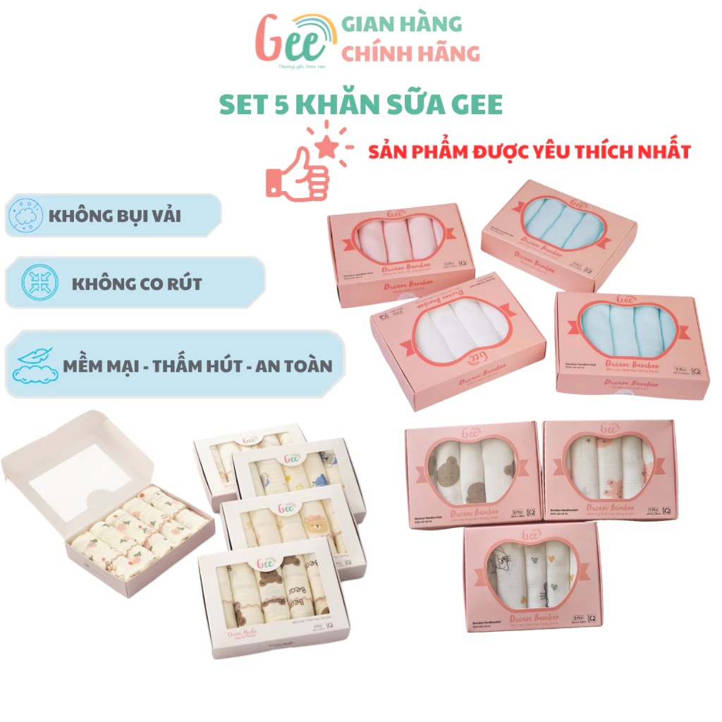 Set 5 khăn sữa Gee sợi tre cho bé sơ sinh, khăn sữa xô muslin an toàn, kháng khuẩn, không bụi vải, thấm hút, 2-3 lớp