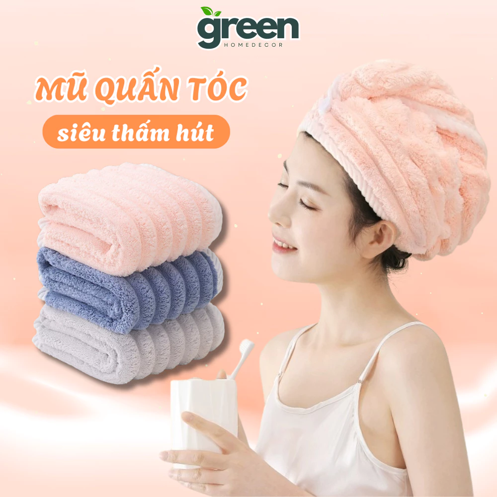 Mũ Quấn Tóc Siêu Thấm Hút Nhanh Khô GreenHome, Khăn Bông Ủ Quấn Tóc Dệt Sóng Nhanh Khô Cao Cấp