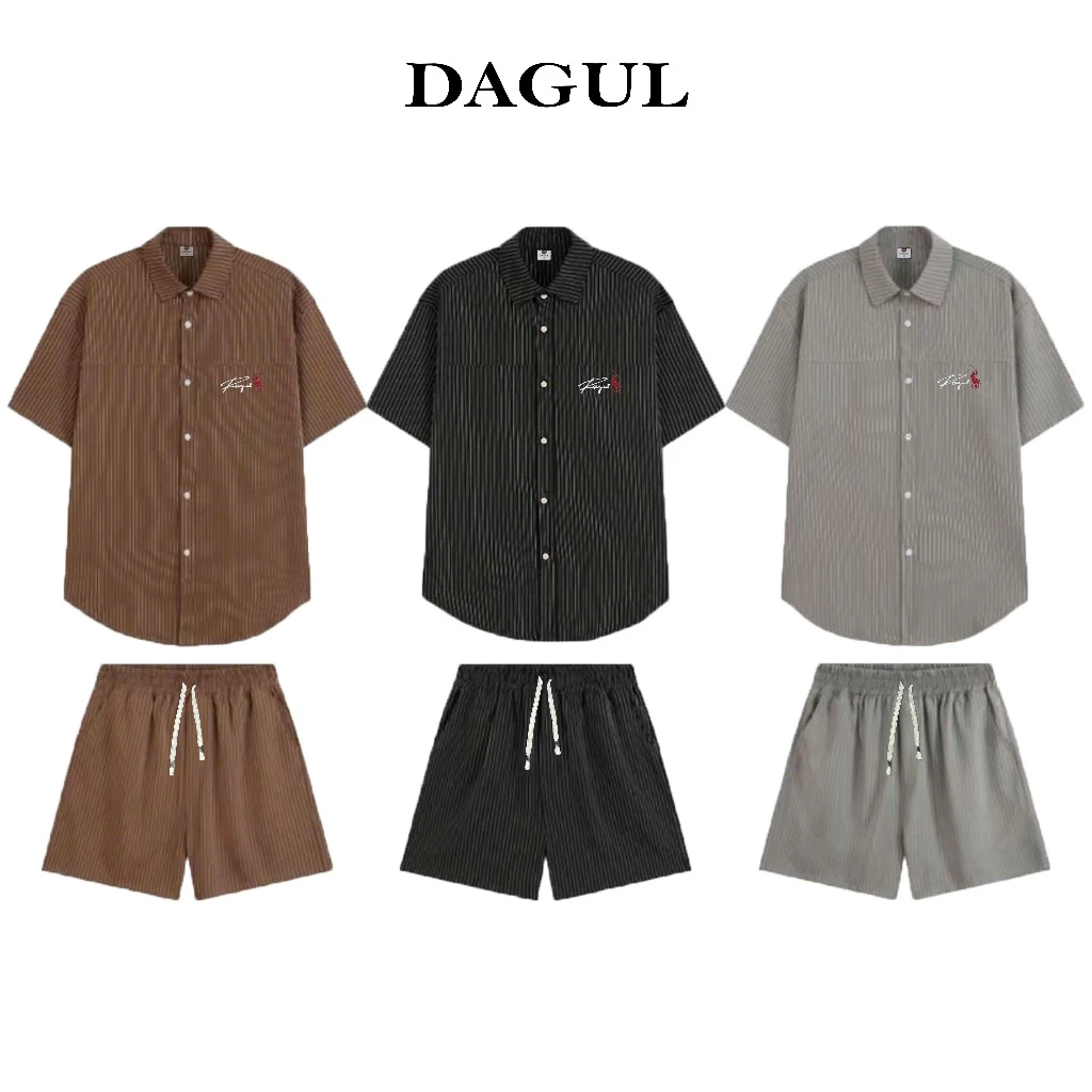 (M-11) Bộ sơ mi cộc tay DAGUL nam nữ kẻ sọc, logo thêu, cúc bấm inox bản chậu to sang trọng, thanh lịch.