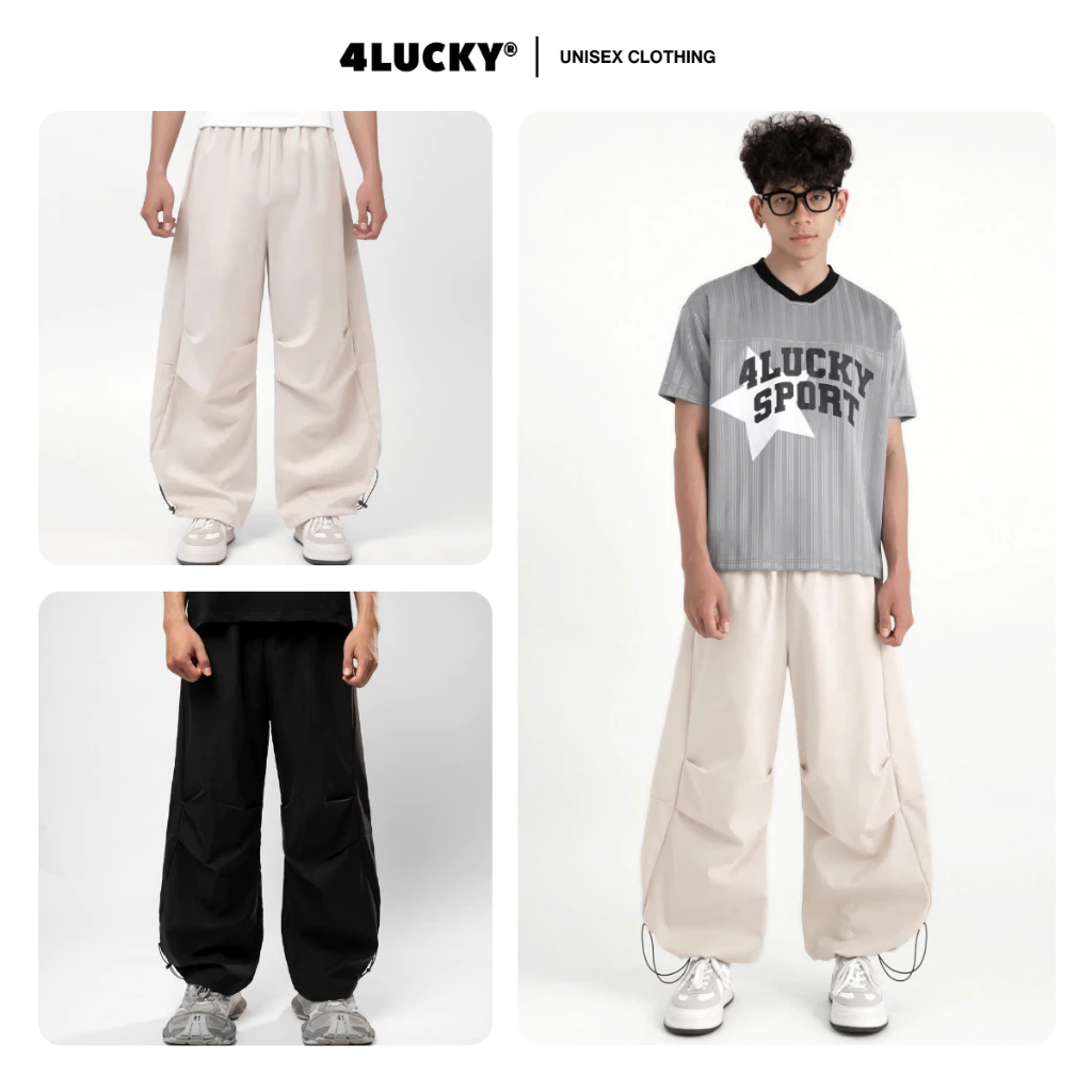 Quần Dù Ống Rộng Nhún Gối Unisex 4Lucky 6218, Quần Parachute Ống Dây Rút Lưng Chun Phong Cách Nam Nữ