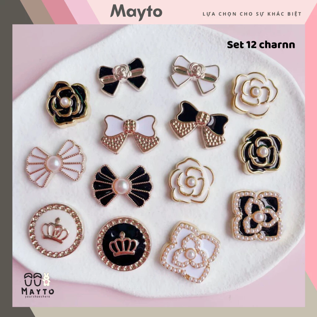 Bộ 12 Sticker, Charm 3D chủ đề Nơ hoa hồng nhựa cứng gắn Dép Sục, Cá Sấu MayTo JB-317