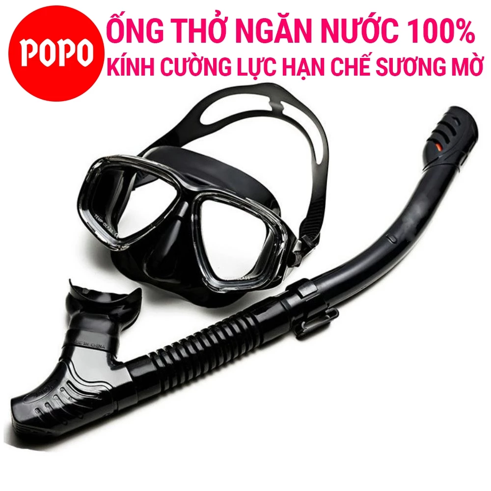 Kính lặn biển ống thở POPO với 2 van ngăn nước 100%, mặt nạ lặn với mắt kính cường lực