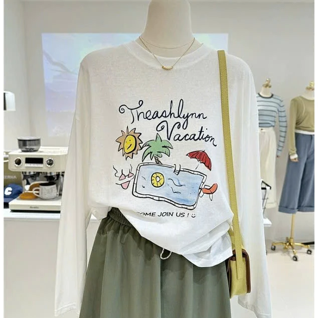 Áo thun dài tay nữ in hình phom rộng ANHSTORE chất thun xược mỏng nhẹ , phom rộng phong cách Hàn Quốc