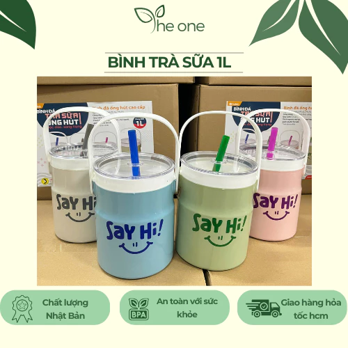 Bình trà sữa SAY HI 1L- Nhựa PP an toàn, giữ nhiệt tốt, kèm ống hút. Bình giữ nhiệt hot trend