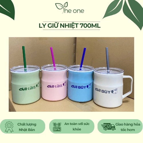 Ly giữ nhiệt 700ml Tân Lập Thành kèm ống hút nhựa 2 lớp giữ nhiệt tốt thiết kế có quai cầm chắc chắn