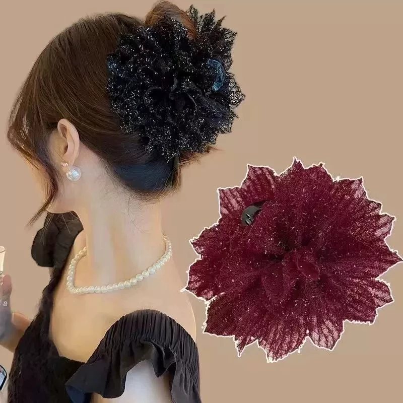 Kẹp Tóc Ngoạm 13cm Kiểu Hoa Lá Kim Tuyến