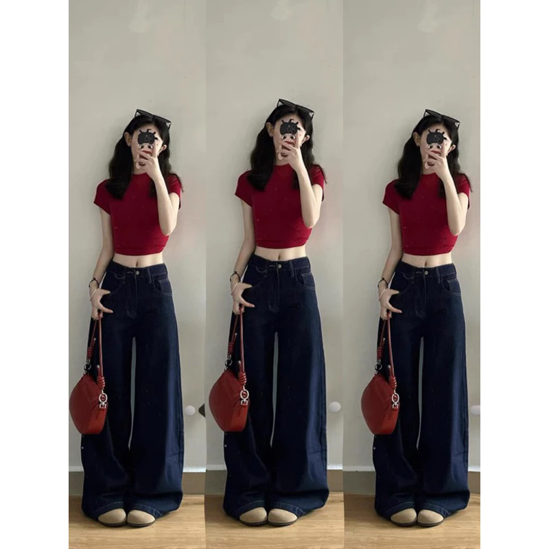 Quần bò jeans nữ ống rộng, quần bò denim suông ống rộng trơn màu xanh đậm phối chỉ nổi cạp cao siêu hách dáng cực đỉnh