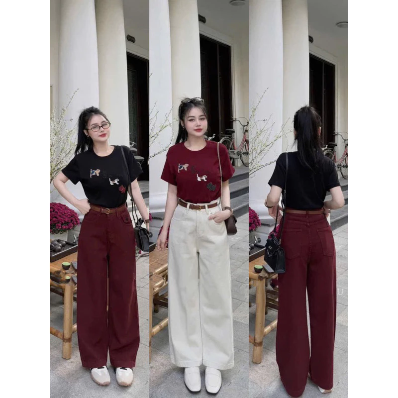 Quần Jeans Nữ Màu Đỏ Đô Màu Trắng Be Nắp Hottrend Ống Rộng Hottrend Cực Đỉnh, Quần Bò Nữ Trẻ Trung Hách Dáng