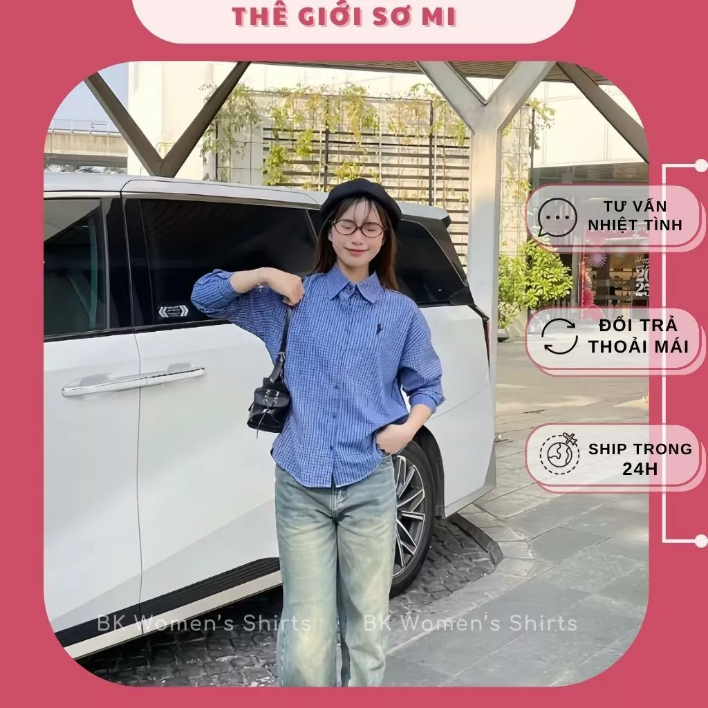 Áo Sơ Mi Nữ Tay Dài Kẻ Xanh Có Thêu Họa Tiết Chất Vải Mềm Form Freesize