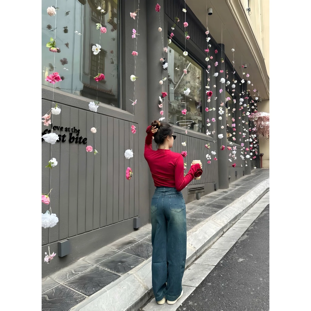 Quần jeans suông trơn gấu to cạp cao màu đậm - Quần jean ông rộng basic dễ phối đồ