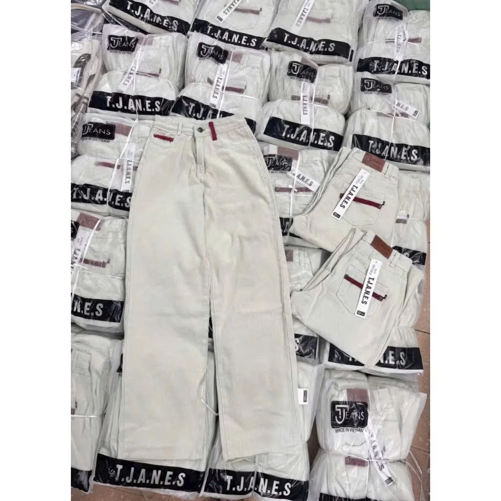 Quần Jeans Trắng Phối Đỉa Đỏ Cạp Cao hottrend