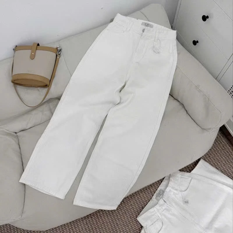 Quần jeans trắng trơn nữ ống xuông lưng cao basic dễ phối đồ
