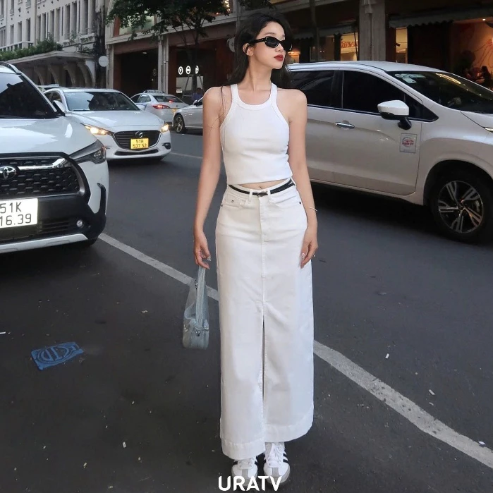 Chân váy jean dài lai to xẻ trước co giãn THF